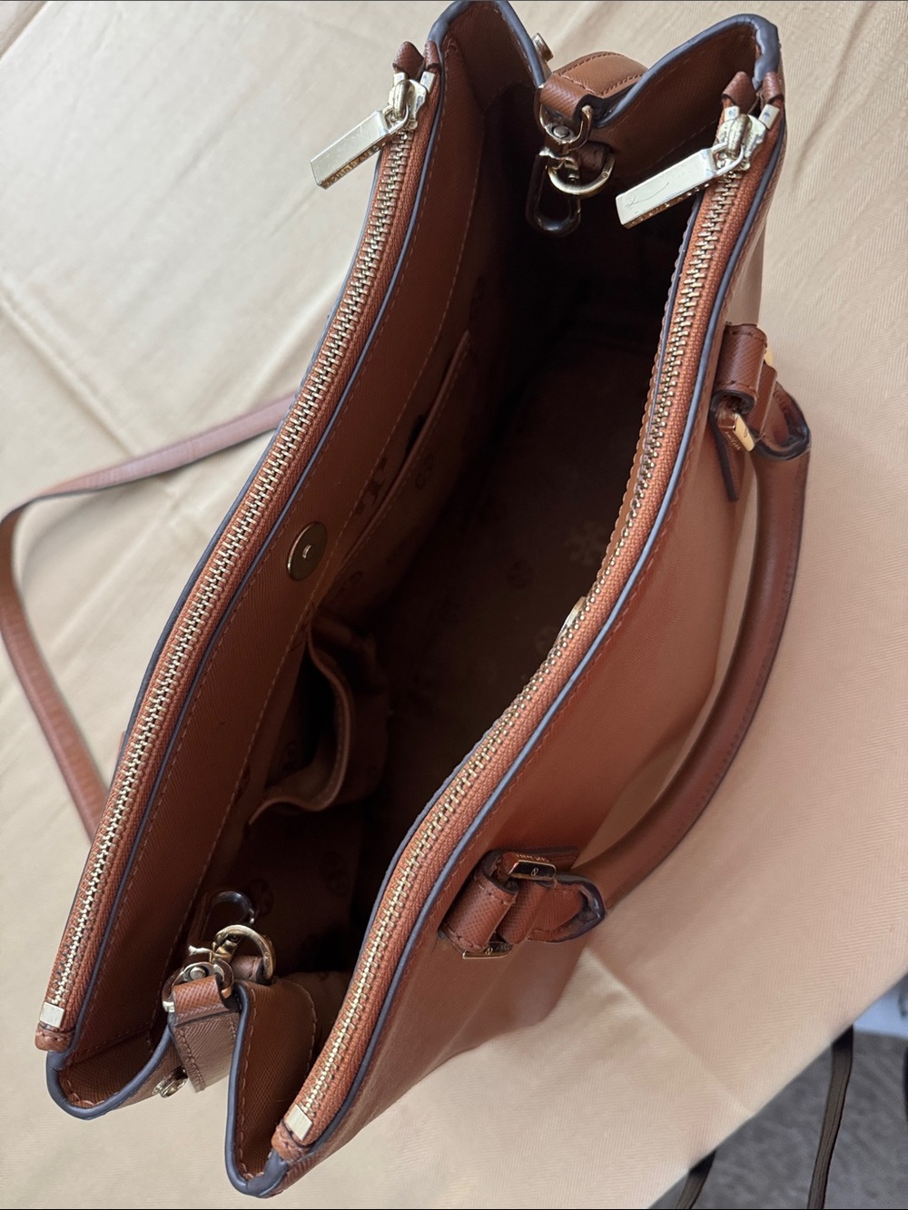 Tory Burch Chestnut Brown Leather Double-Zip Satchel - Picture 5 of 8